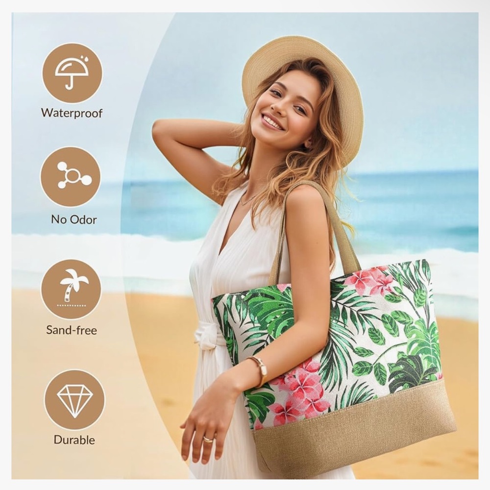 Beach Bag for Women, Large Beach Tote with Zipper, Woven Straw Tote Waterproof, - Picture 5 of 8